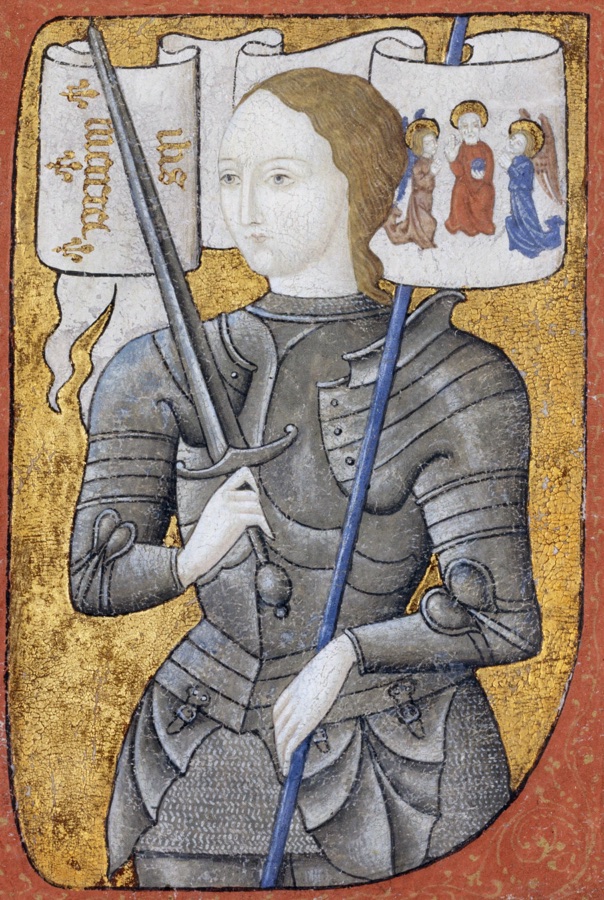 The original relic, a 15th-century miniature of Joan of Arc holding her sword and banner
