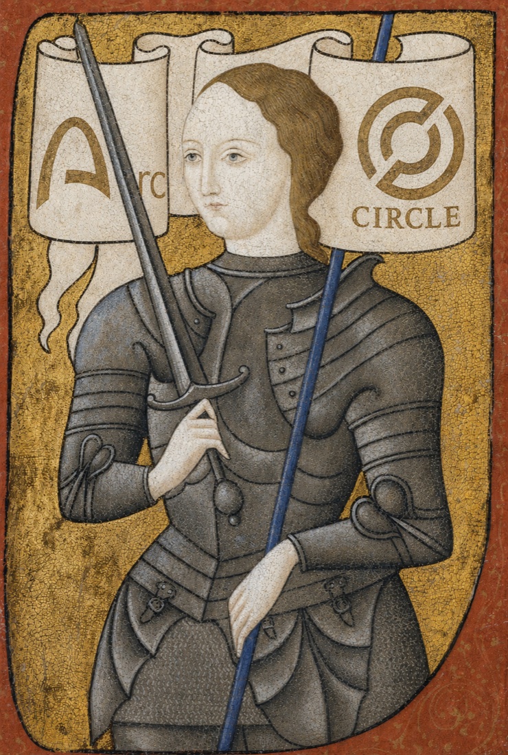 The $JARC token, a 15th-century miniature of Joan of Arc in armour, her banners bearing the marks of Arc and Circle